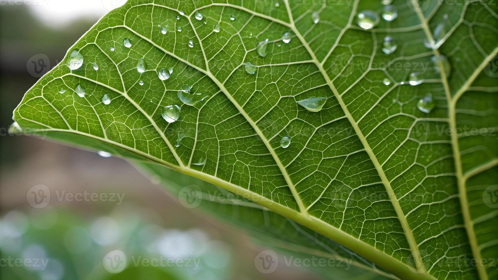 Close Up of Dew Drenched Leaf, Highlighting Natures Beauty and Vitality, Detailed View of Green Plant with Water Droplets, Environmental Conservation, Ecosystem Health, Botanical Photography, photo