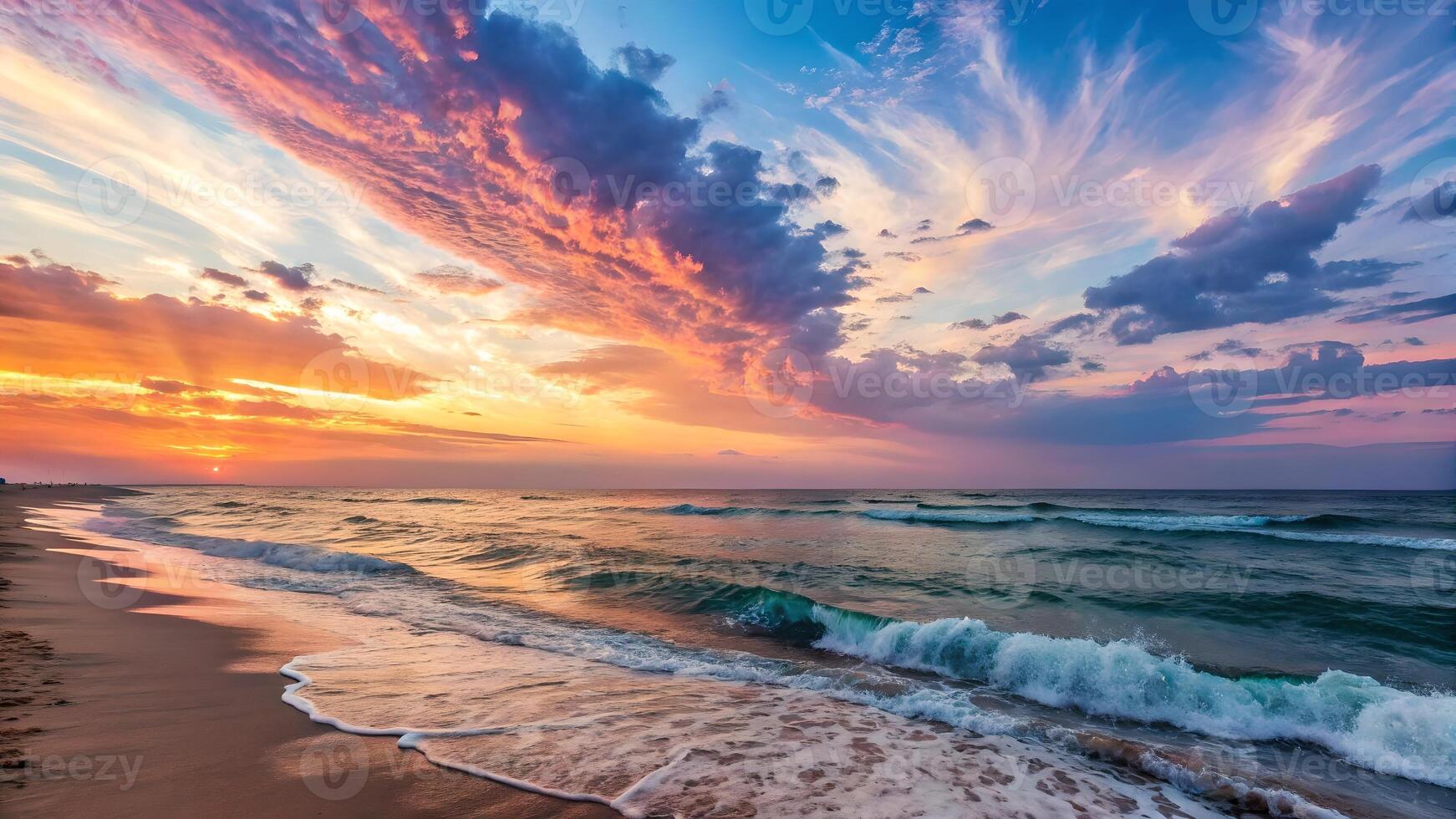 Sunset beach scene with vibrant colors and dramatic sky for travel enthusiasts summer photo
