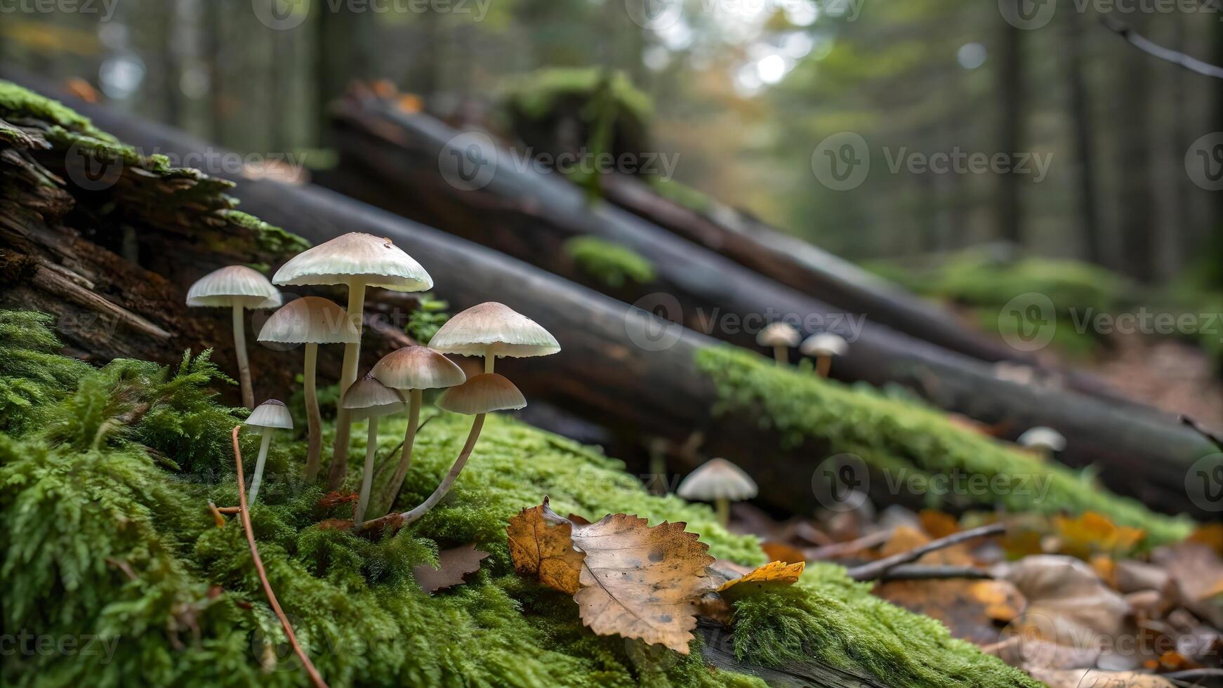 Mushrooms growing on mossy logs in a serene forest setting for nature enthusiasts and photographers seeking tranquil woodland scenes forest photo