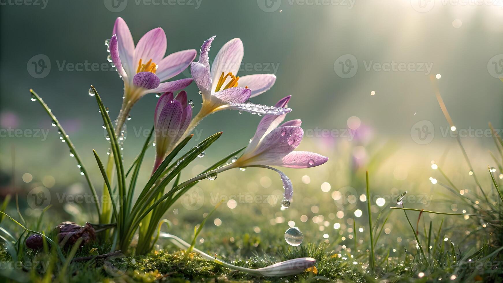 Purple crocuses with dew drops in a sunlit meadow for nature enthusiasts and photographers crocus photo