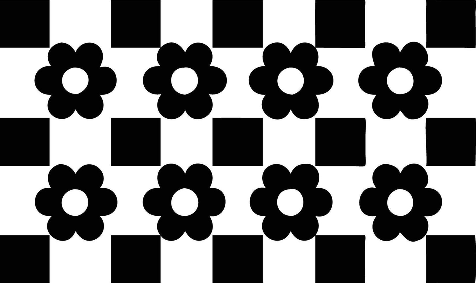 Seamless Pattern Flowers and Squares, Retro Style, Black and White Checkerboard Art vector