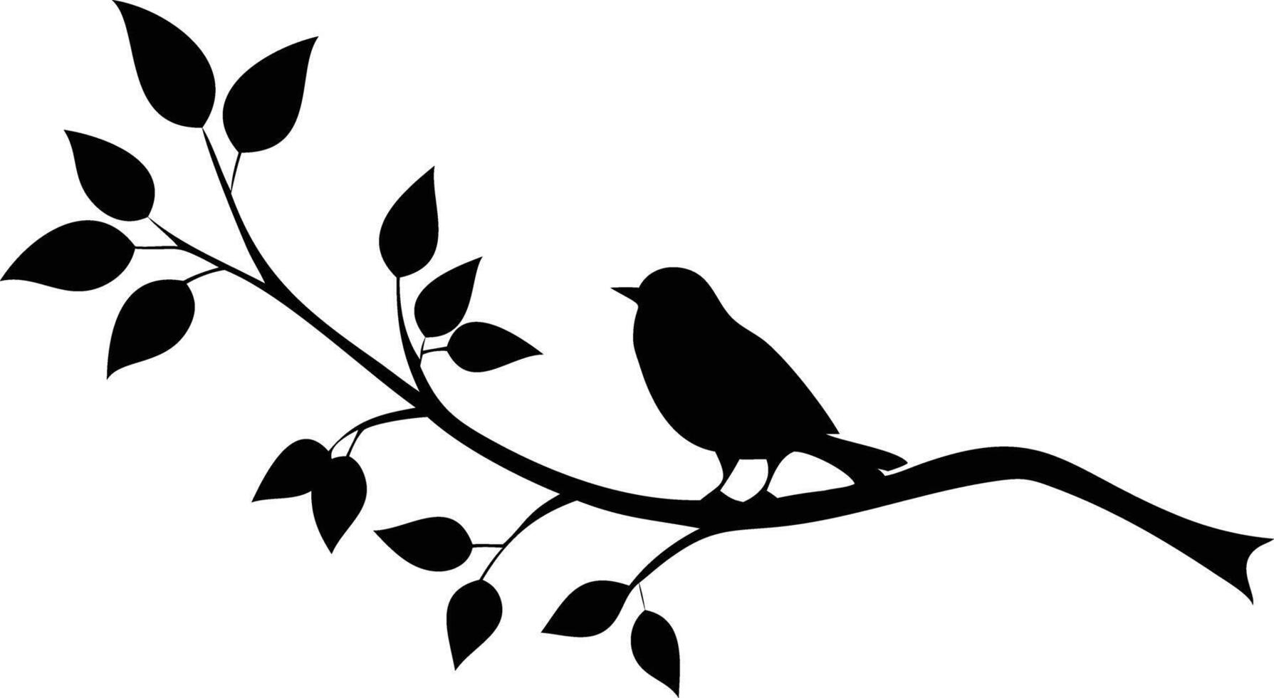 Isolated Silhouette of Songbird Perched on Branch with Leaves on White Background vector