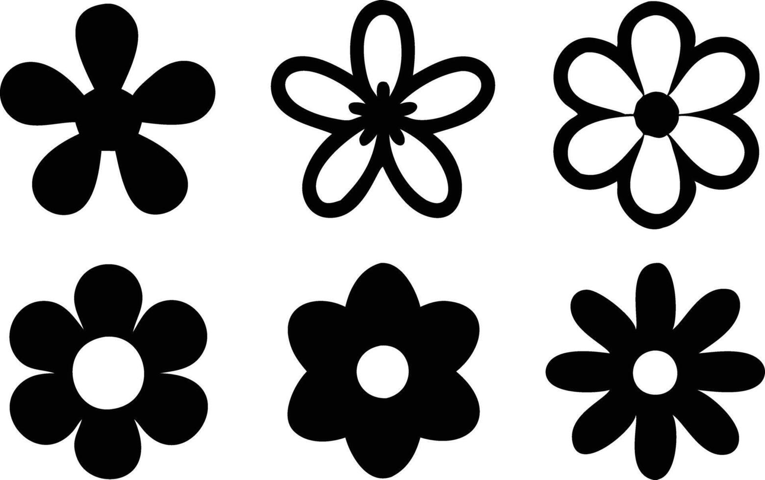 Diverse Flowers Set Six Distinctive Blossom Shapes, Black Floral Silhouettes Isolated vector