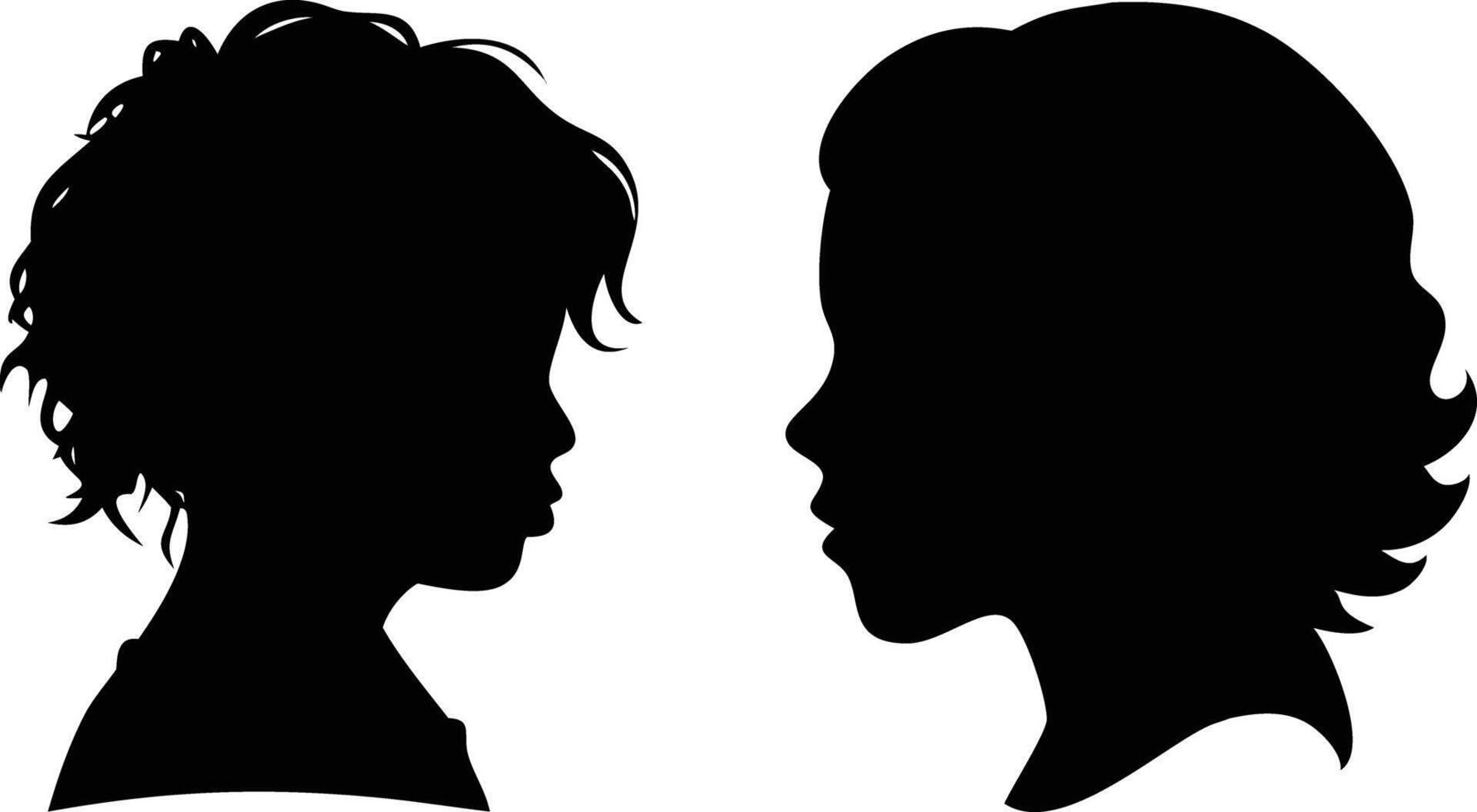Silhouettes of Boy with Curly Hair and Woman on White Background facing each other vector