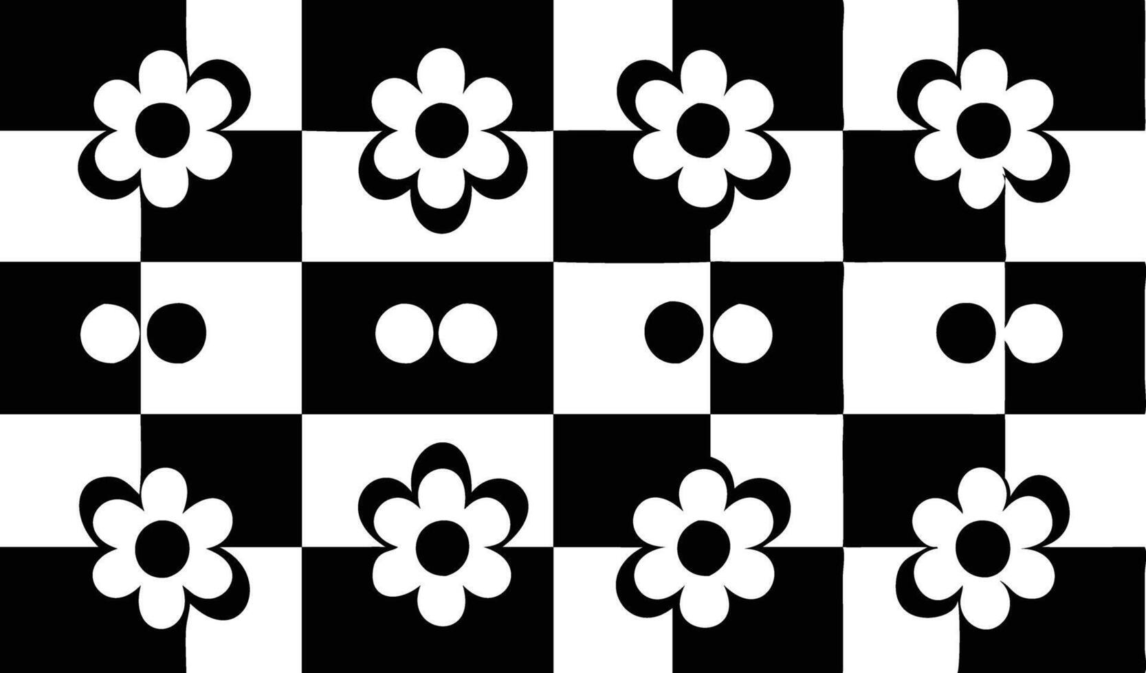 Black and White Checkerboard with Flowers and Dots Pattern vector