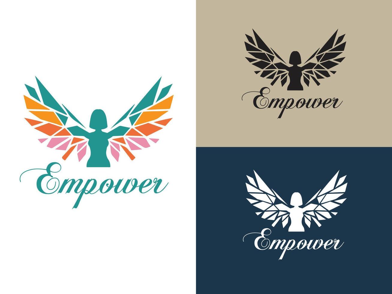 Empowerment Crest A refined emblem symbolizing female strength, featuring a stylized figure with radiant wings and the inspiring word Empower in an elegant script. vector