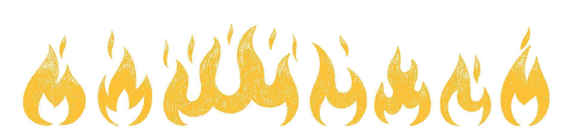 Set of fires or flames with crayon, pastel or chalk texture. Doodle yellow illustration for grunge design. vector