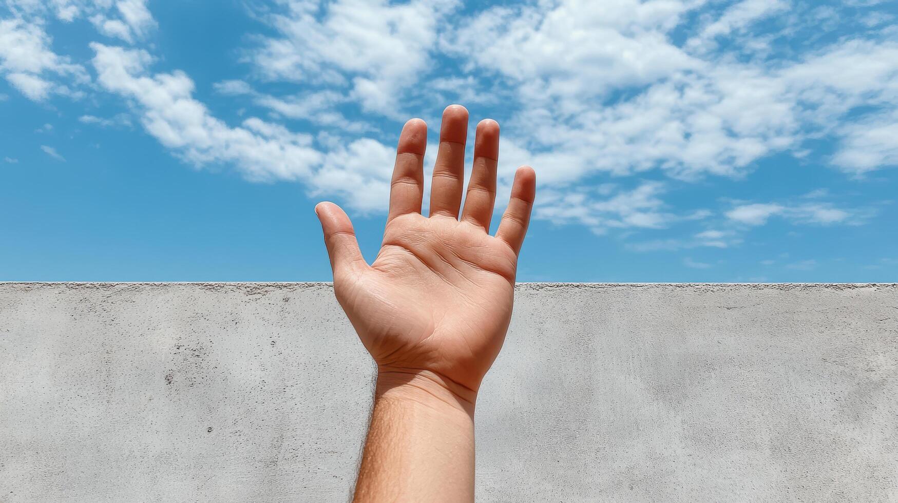 hand reaching out toward sky with clouds above, expressing hope photo