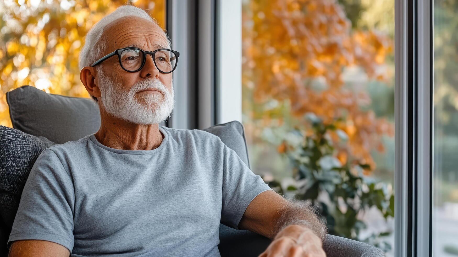 thoughtful elderly man gazes out window, reflecting on memories photo