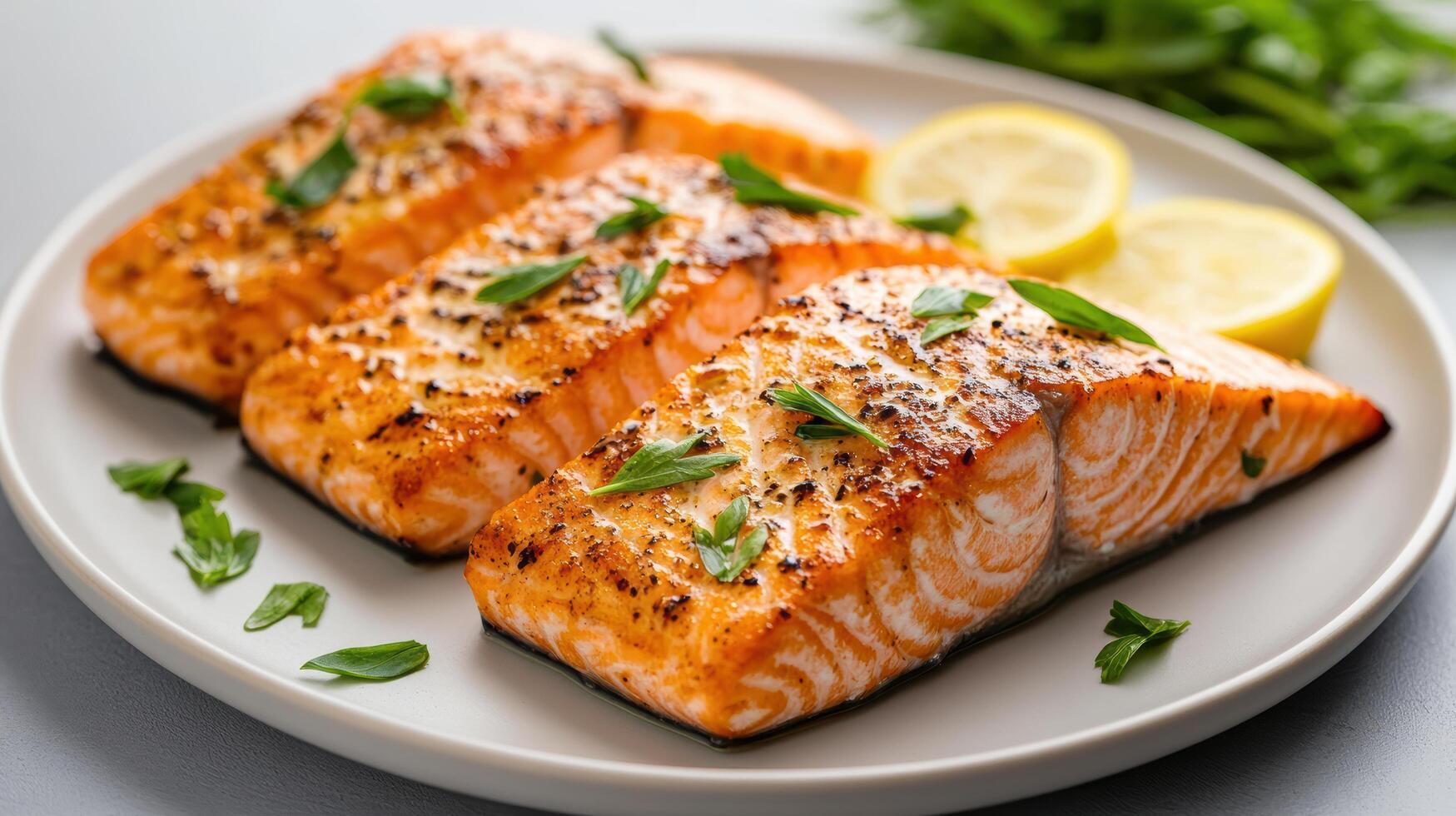 Perfectly seared salmon fillets garnished with herbs and lemon slices photo