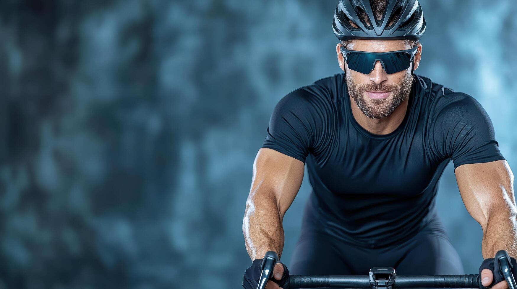 Strong cyclist with chiseled body wearing sunglasses and helmet photo