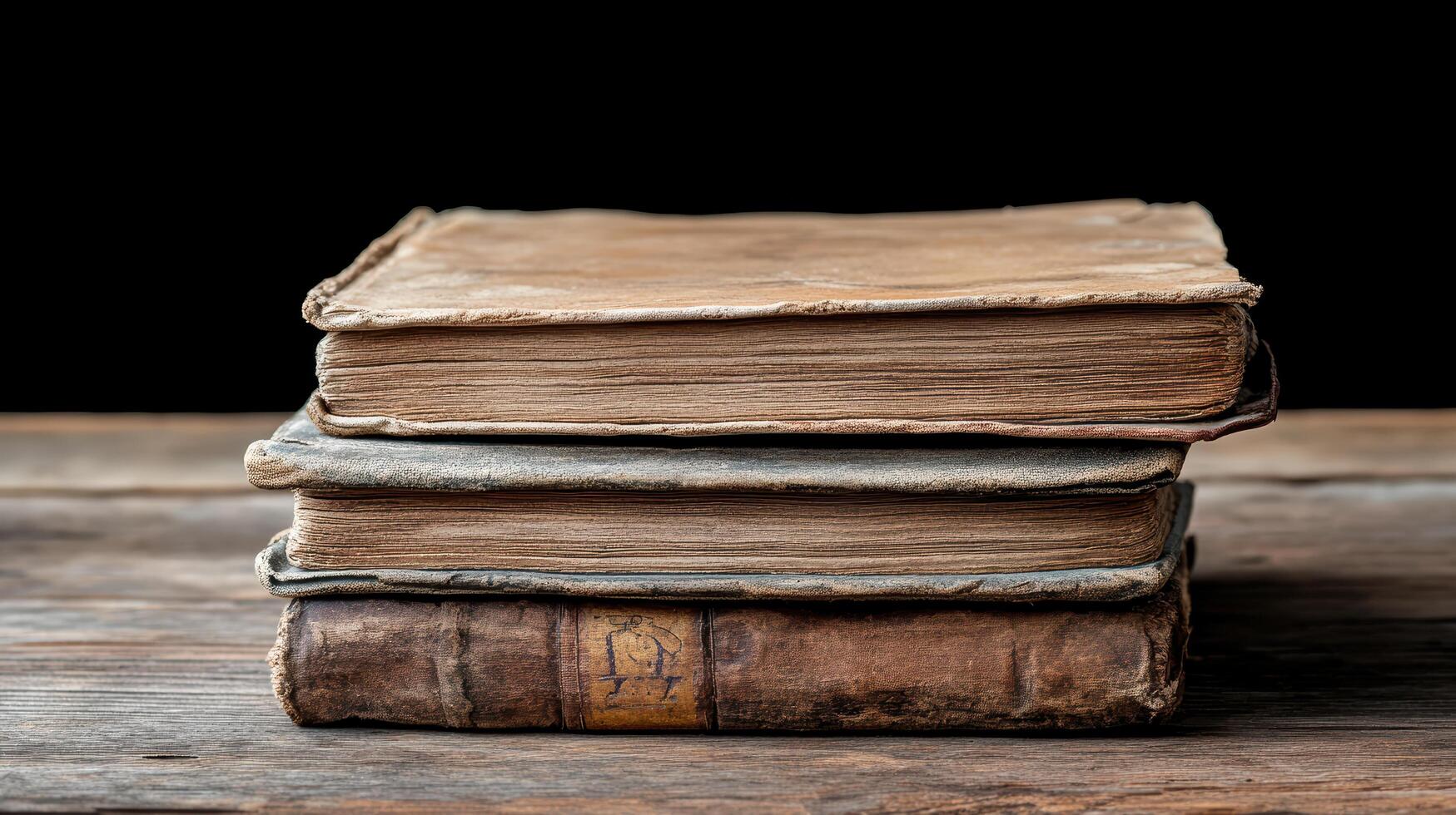 stack of vintage books with aged covers resting on wooden table photo