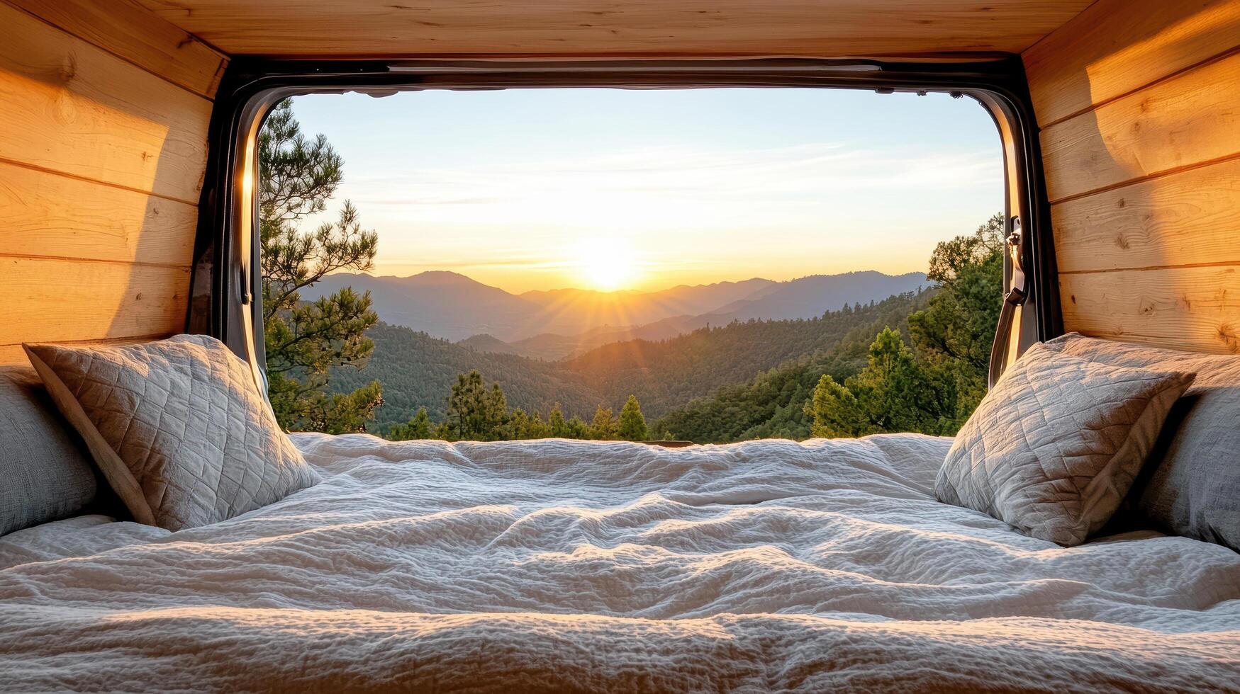cozy van interior with stunning sunrise view over mountains, perfect for travelers photo