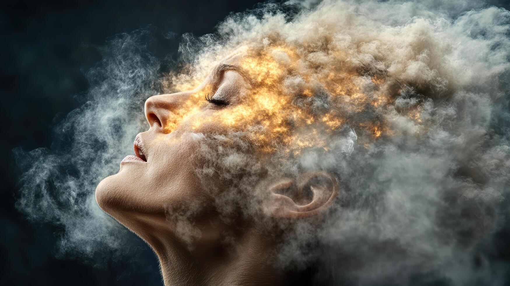 surreal digital artwork of person head with explosion of clouds and light photo