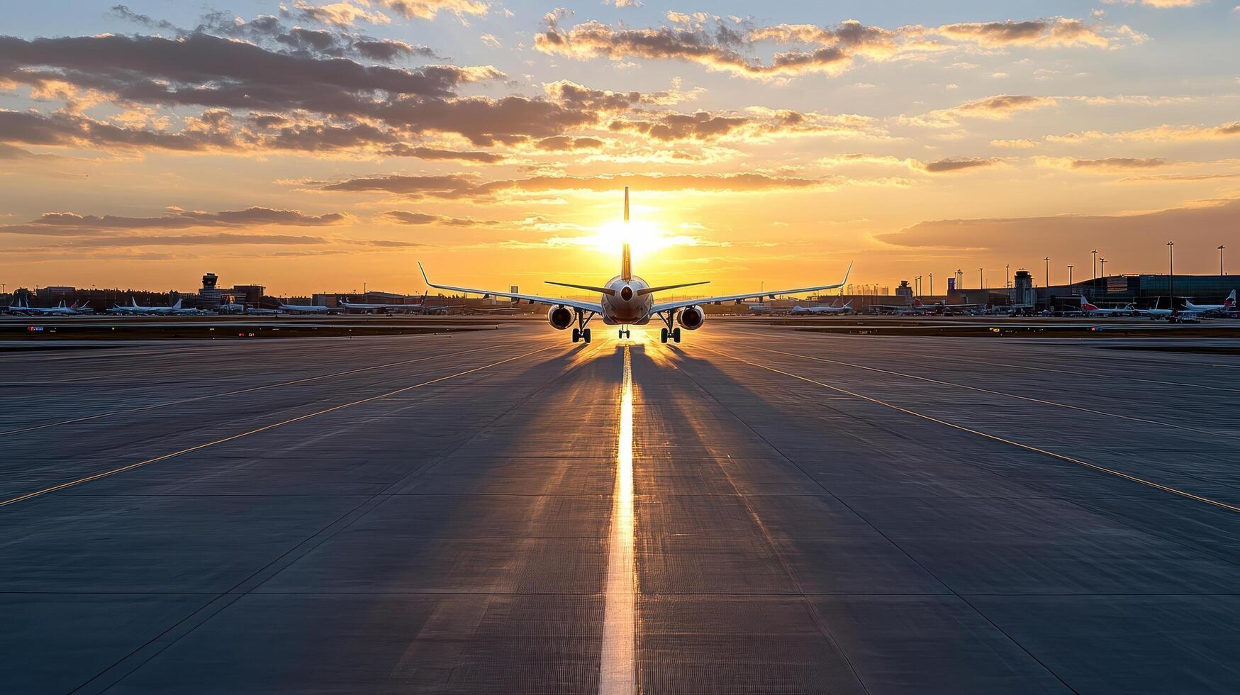 stunning sunset view of airplane on runway at airport photo
