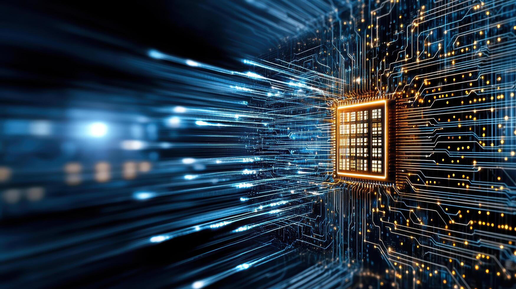 futuristic circuit board with glowing lines and central processor photo