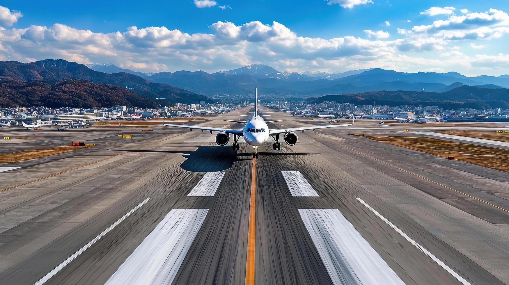 busy international airport with plane on runway and mountains in background photo
