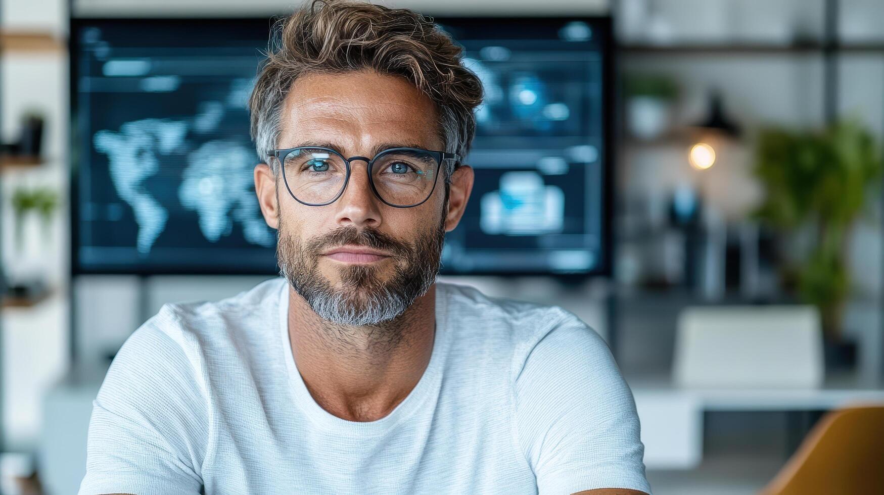 confident entrepreneur in modern office setting, showcasing innovation and creativity photo