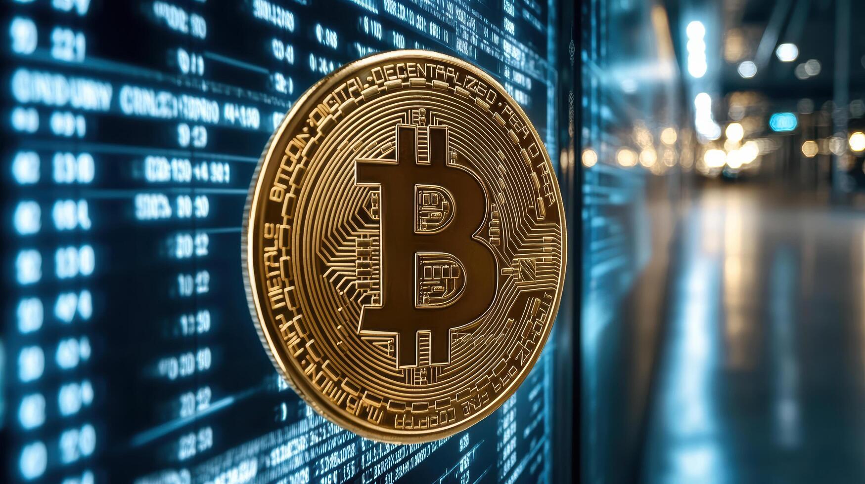 Bitcoin symbol on digital screen displaying cryptocurrency data trends photo