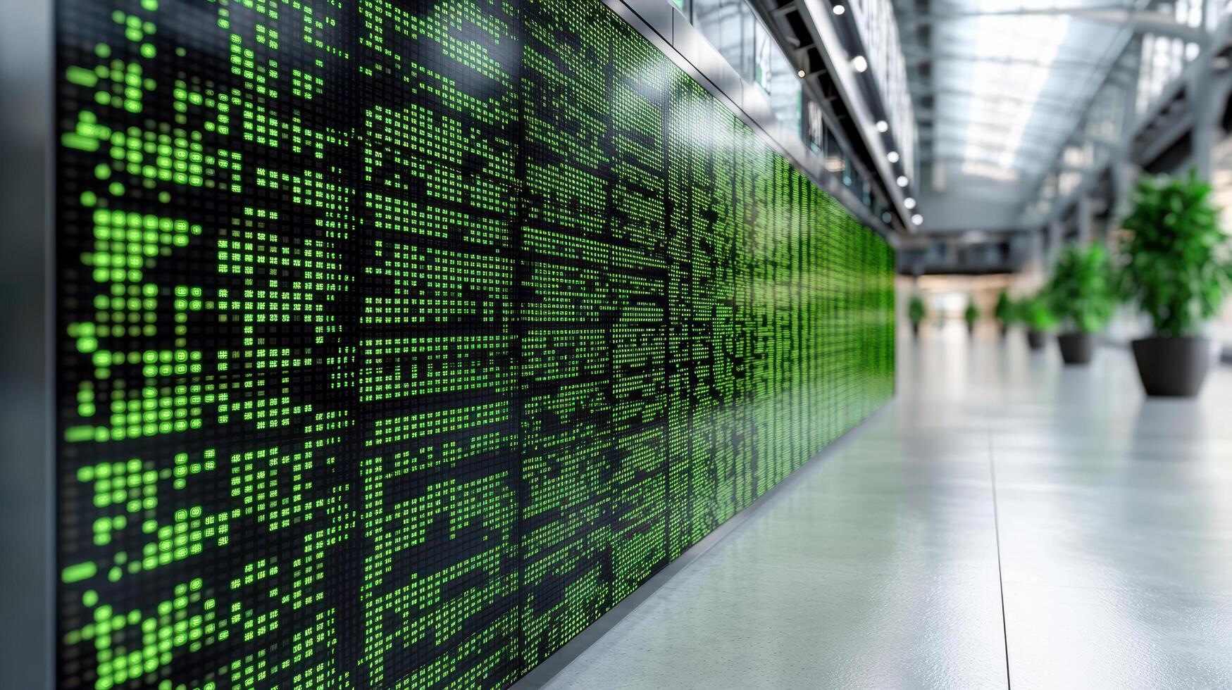 Digital stock exchange board displaying green numbers in modern setting photo
