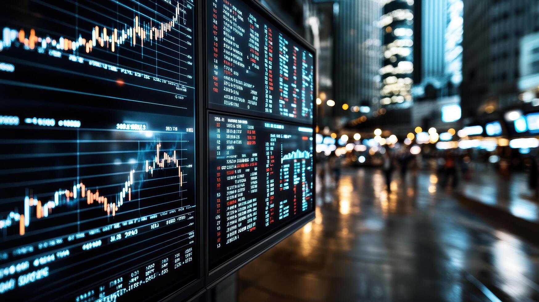 Stock market display showing financial data and trends at night photo