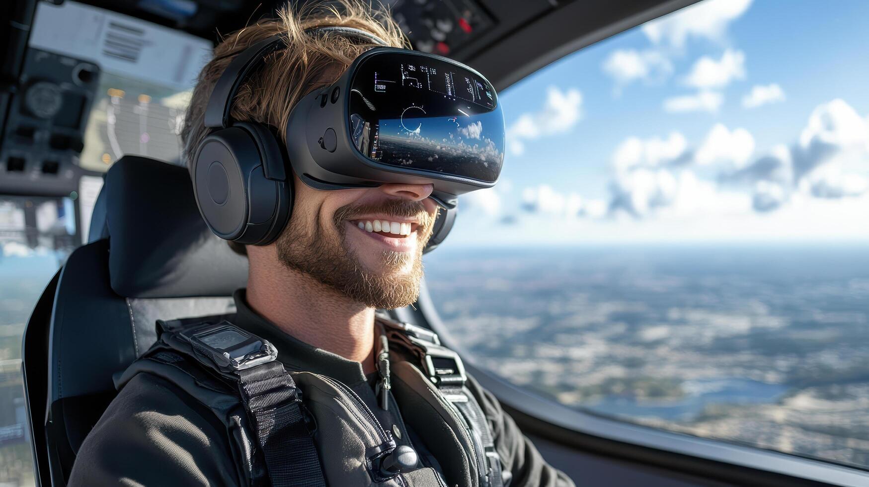 Pilot using virtual reality headset for flight simulation training photo