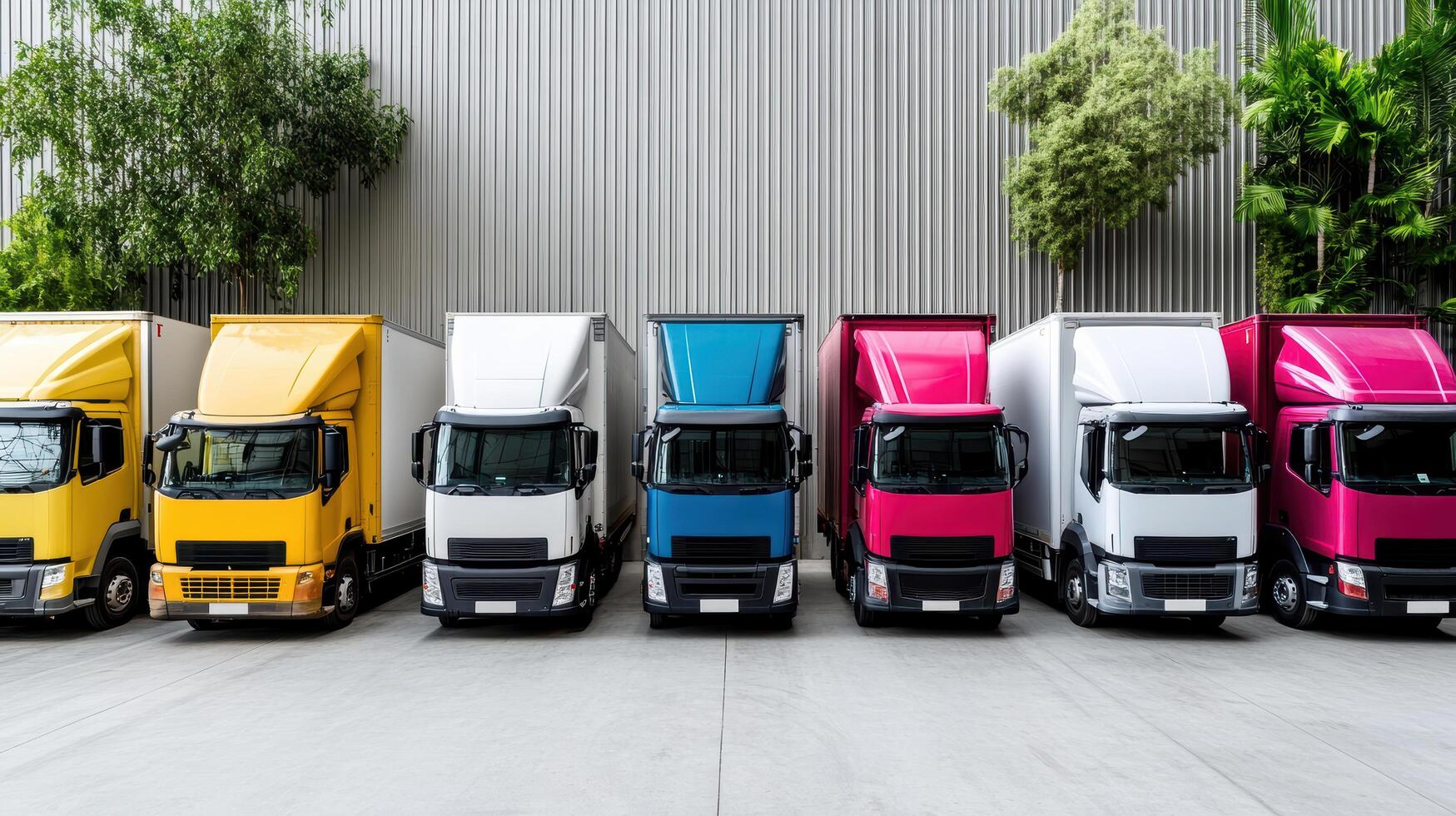 fleet of colorful cargo trucks lined up at warehouse, ready for transport photo