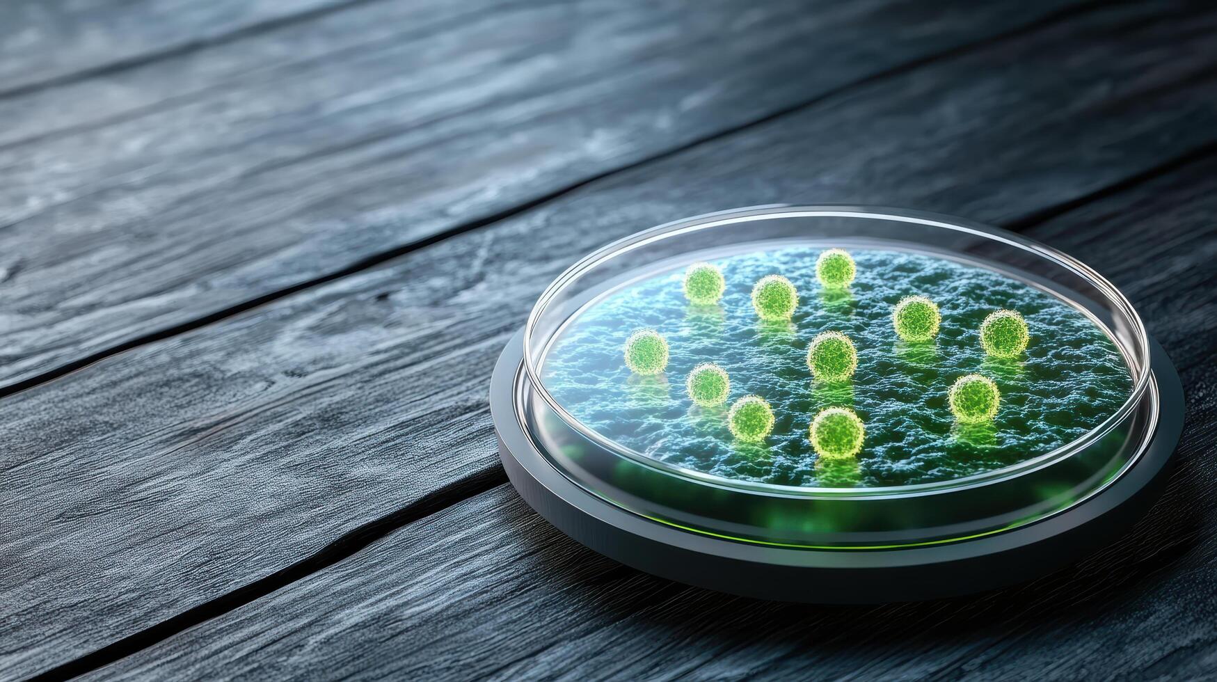Petri dish with bioengineered cells glowing on wooden surface photo