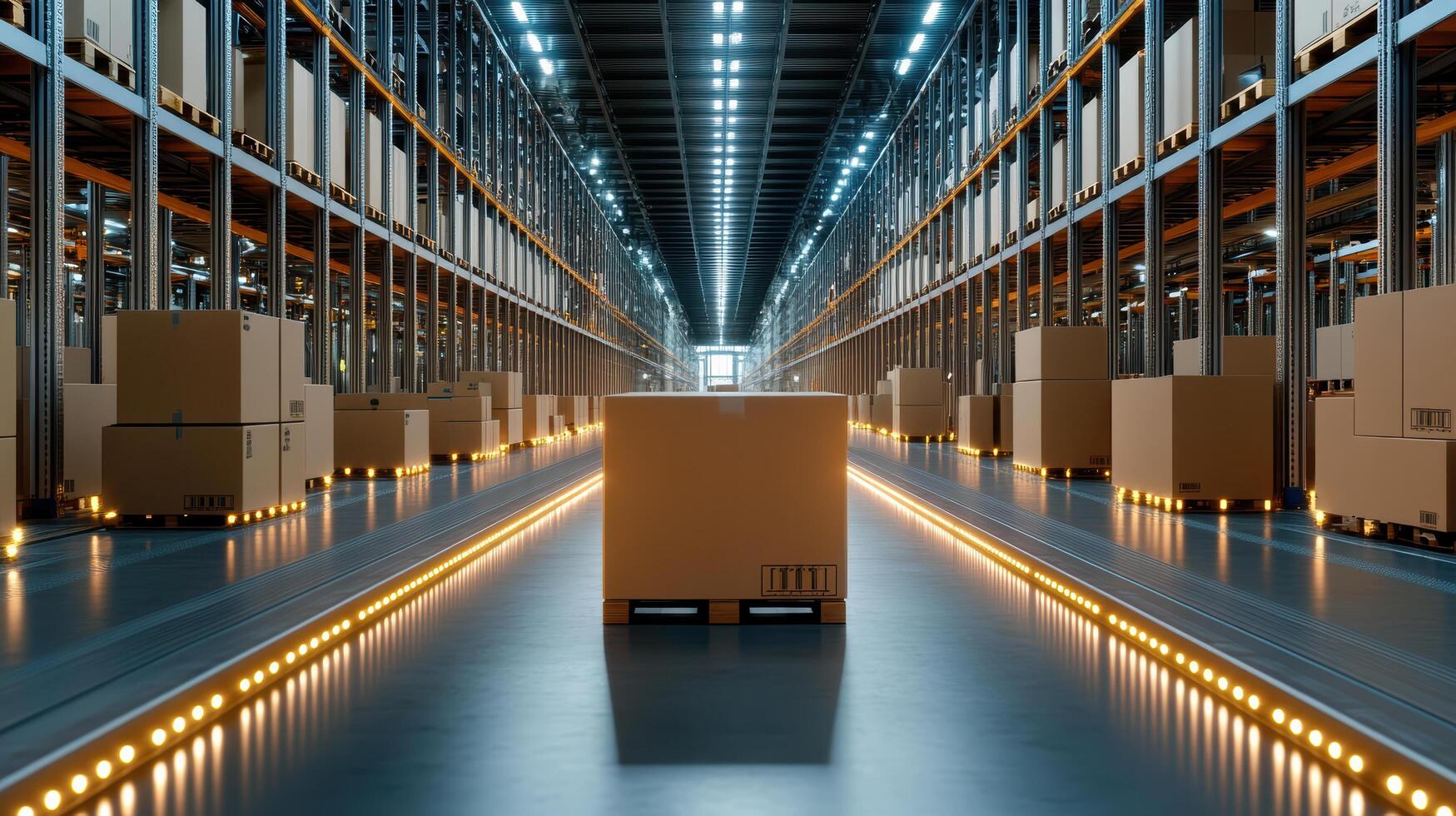 Efficient cargo handling in modern warehouse with illuminated pathways photo