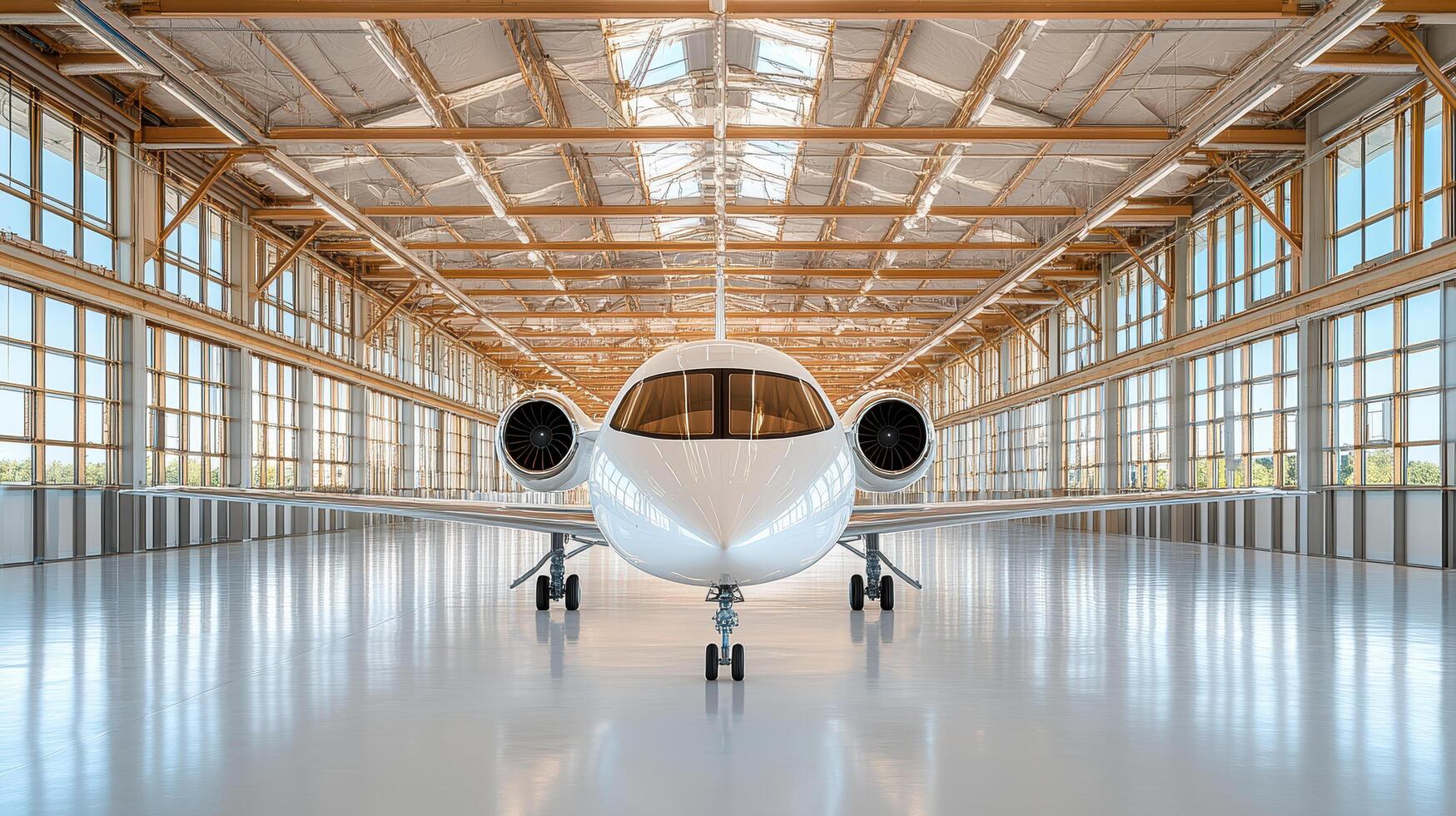 modern aircraft in spacious hangar with large windows and bright lighting photo