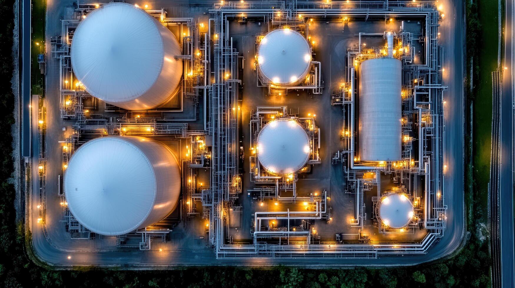Aerial view of sprawling oil refinery with storage tanks and pipelines photo