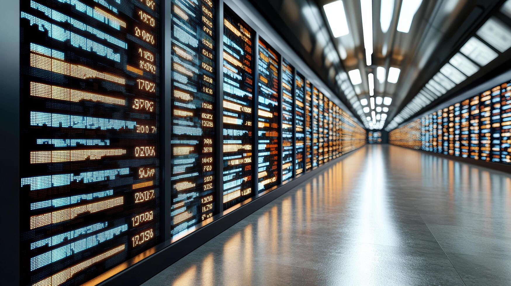 futuristic corridor displaying digital data visualizations and stock market trends photo