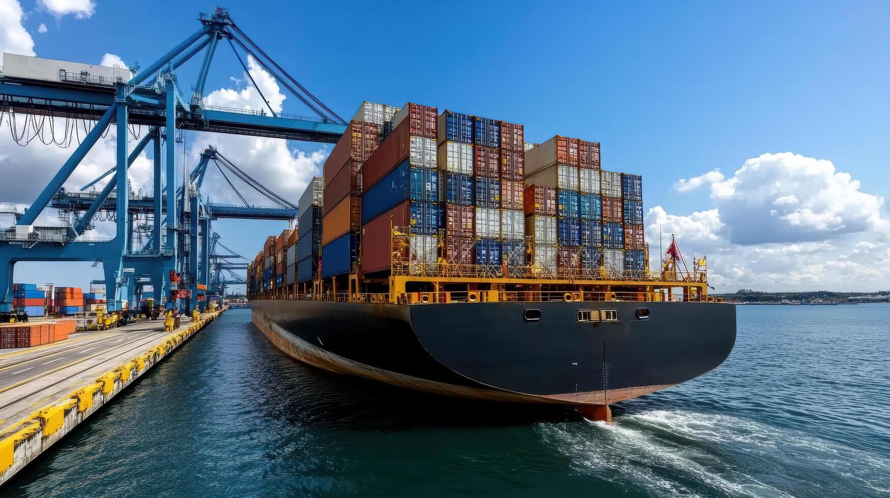 cargo ship unloading containers at busy port under clear sky photo