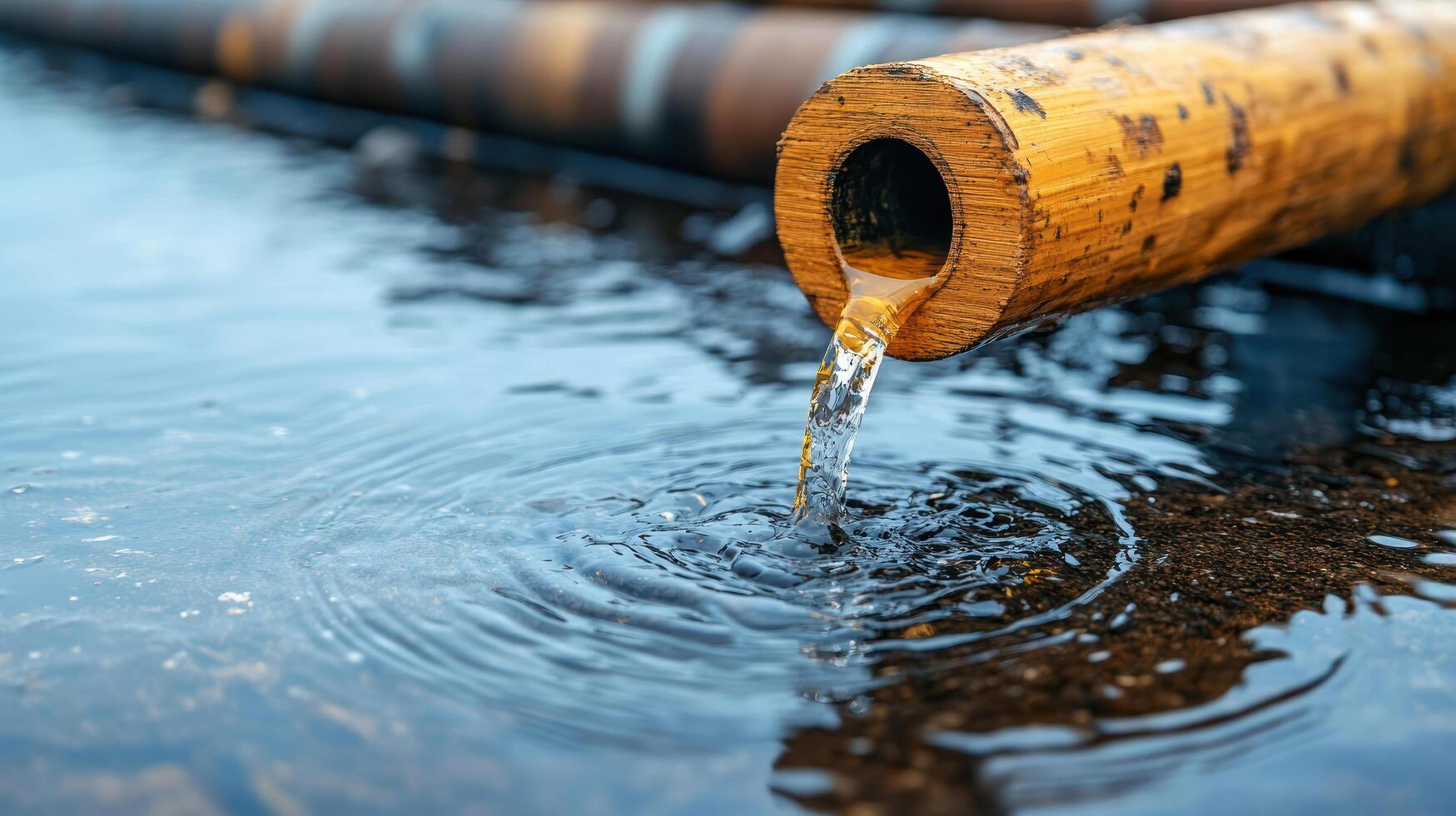 Crude oil flowing from pipe into water, showcasing extraction process photo