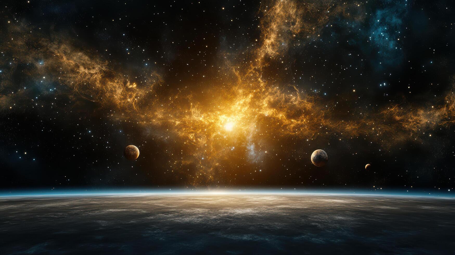stunning cosmic scene featuring vibrant nebulae and distant planets photo