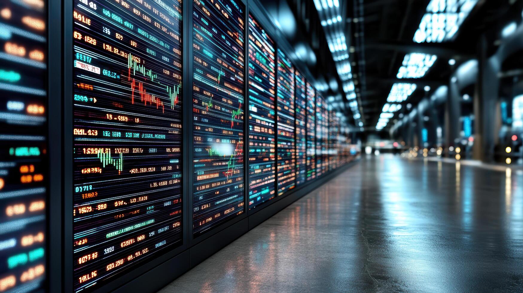 High tech financial trading floor with stock market data displays photo