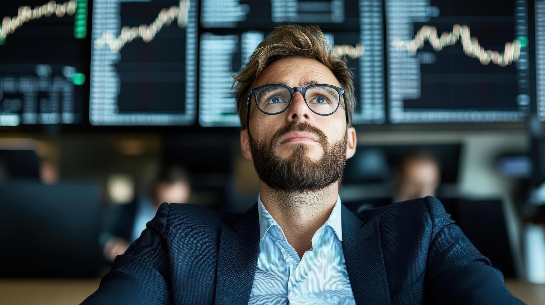 focused man in suit observes stock market trends on screens, reflecting on financial changes photo