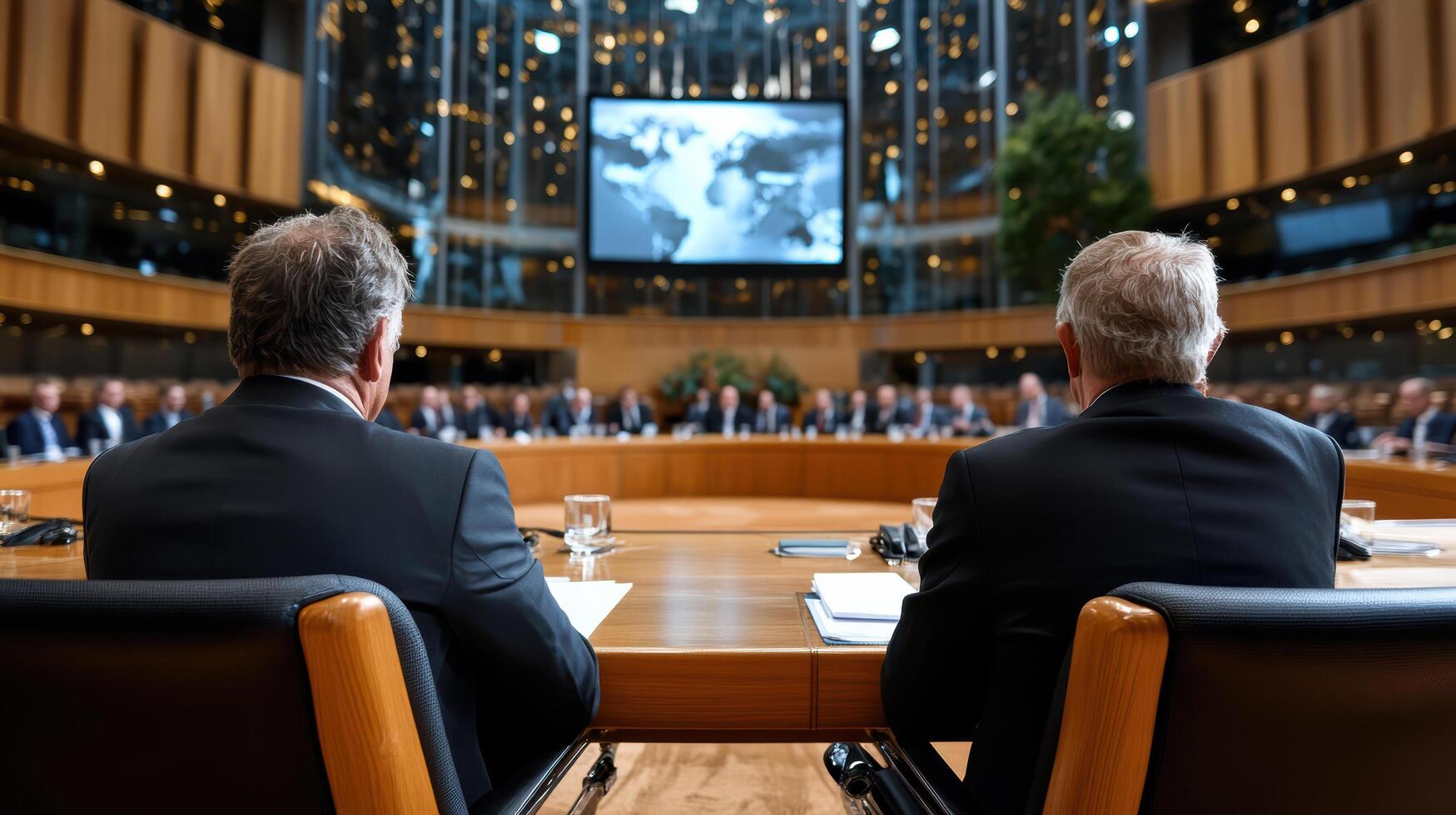 Global leaders at economic summit discussing important issues photo