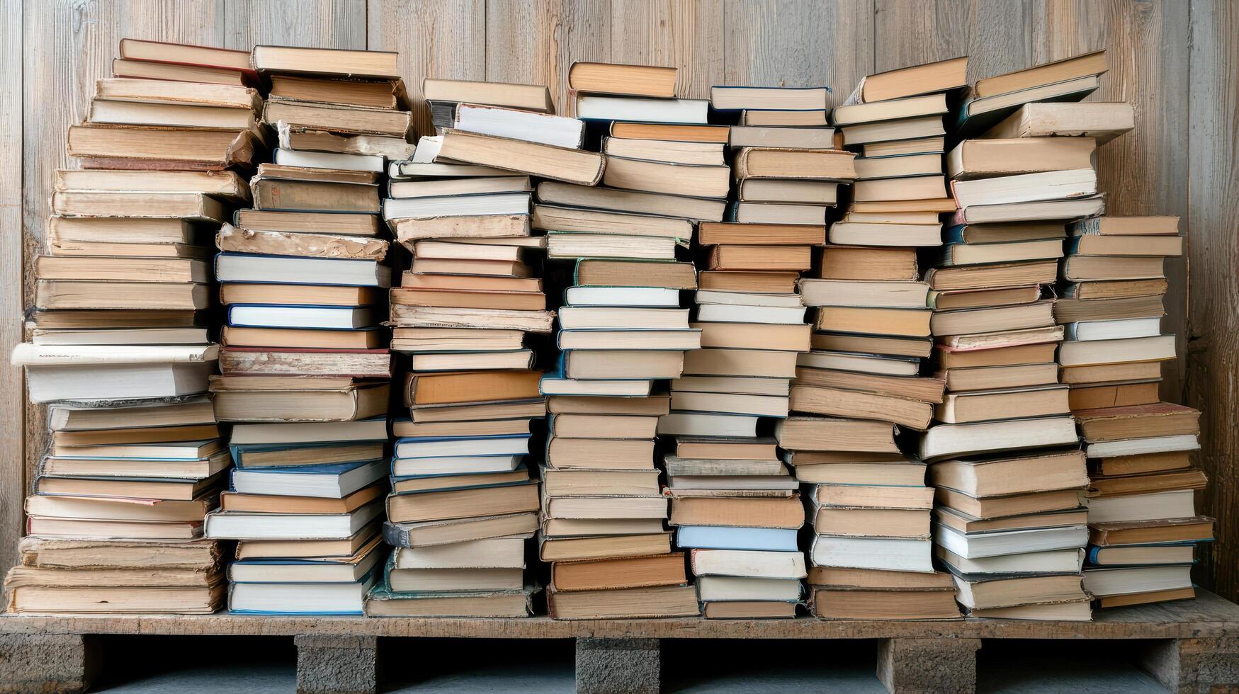 Piles of books stacked on wooden pallet in library setting photo