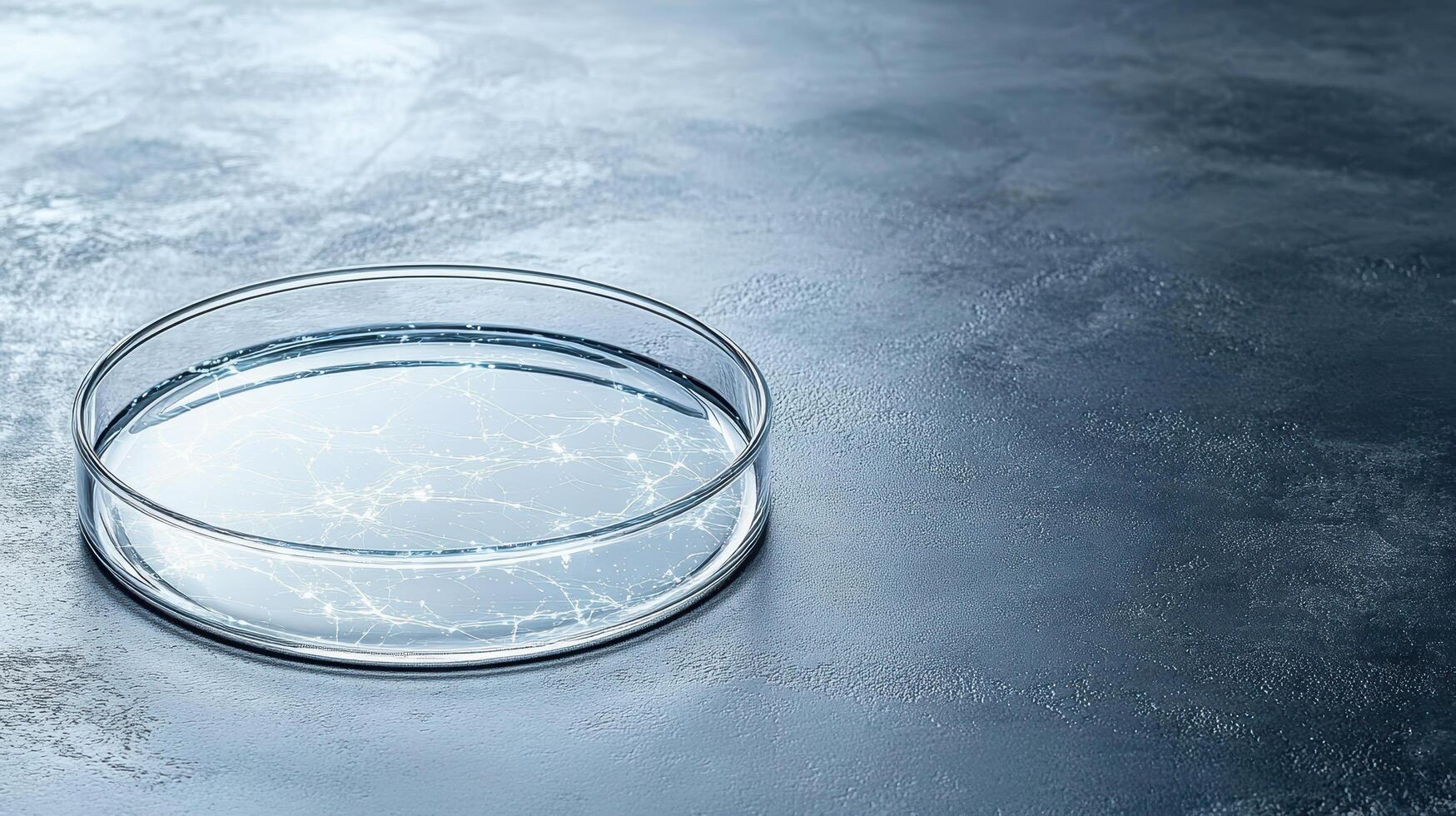 petri dish filled with clear liquid on textured surface, showcasing scientific setting photo