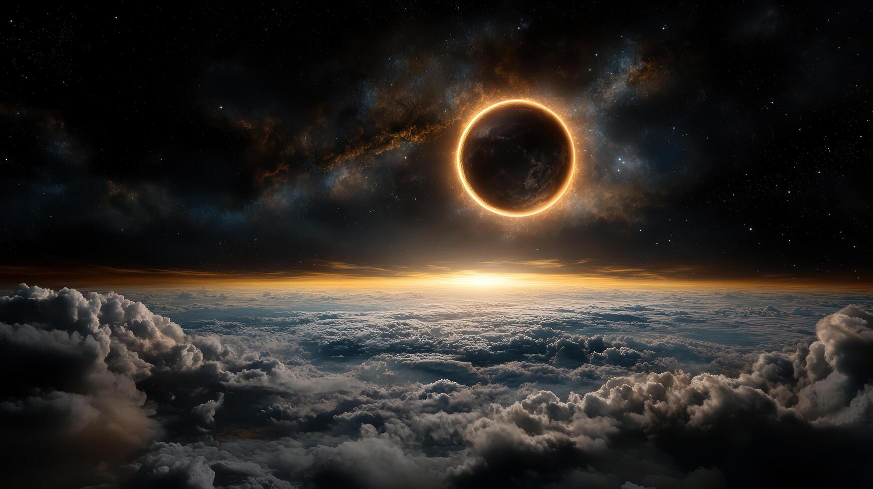 breathtaking eclipse with moon casting shadow over clouds photo