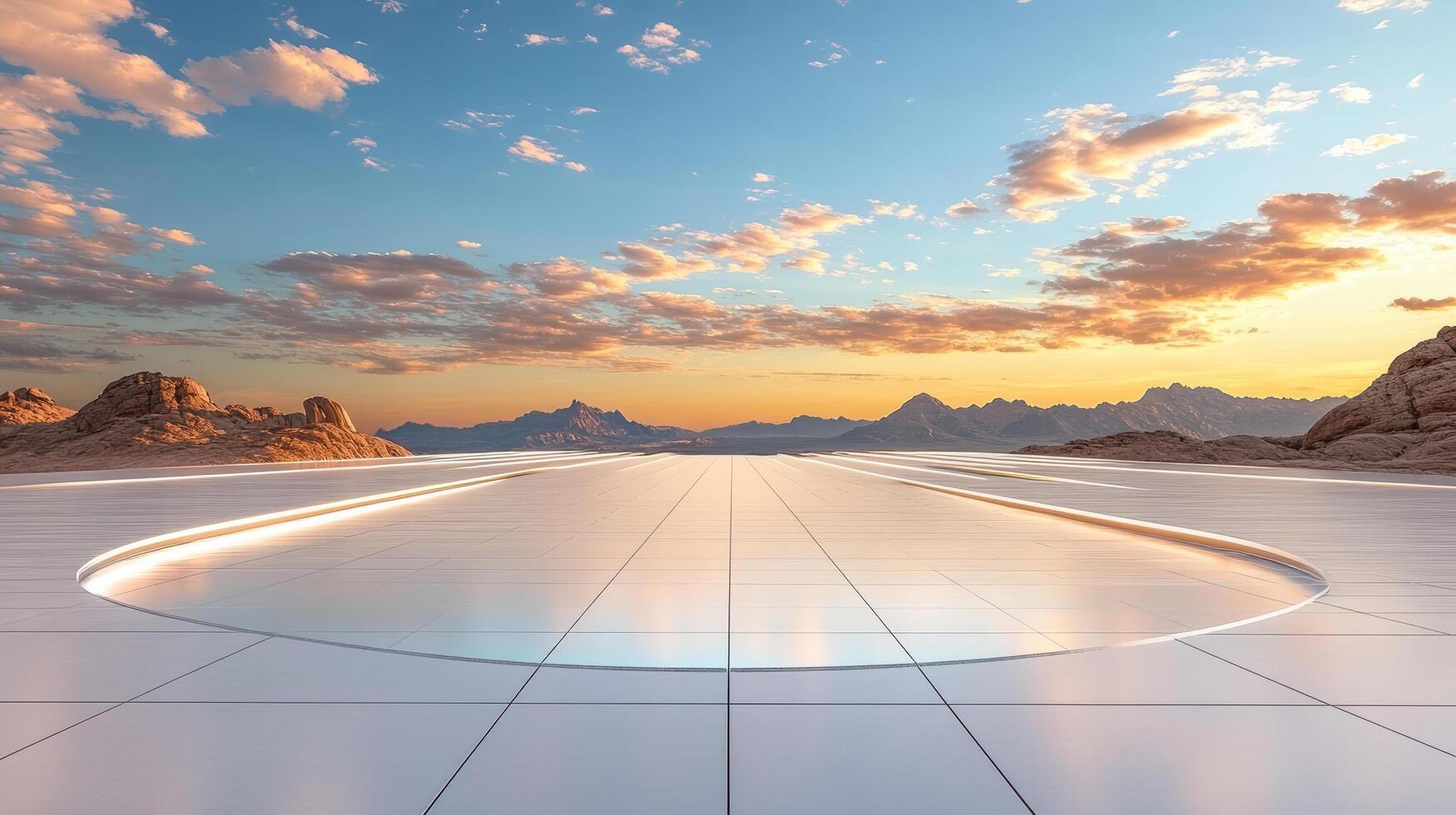 Futuristic landscape with reflective surface and mountains at sunset photo