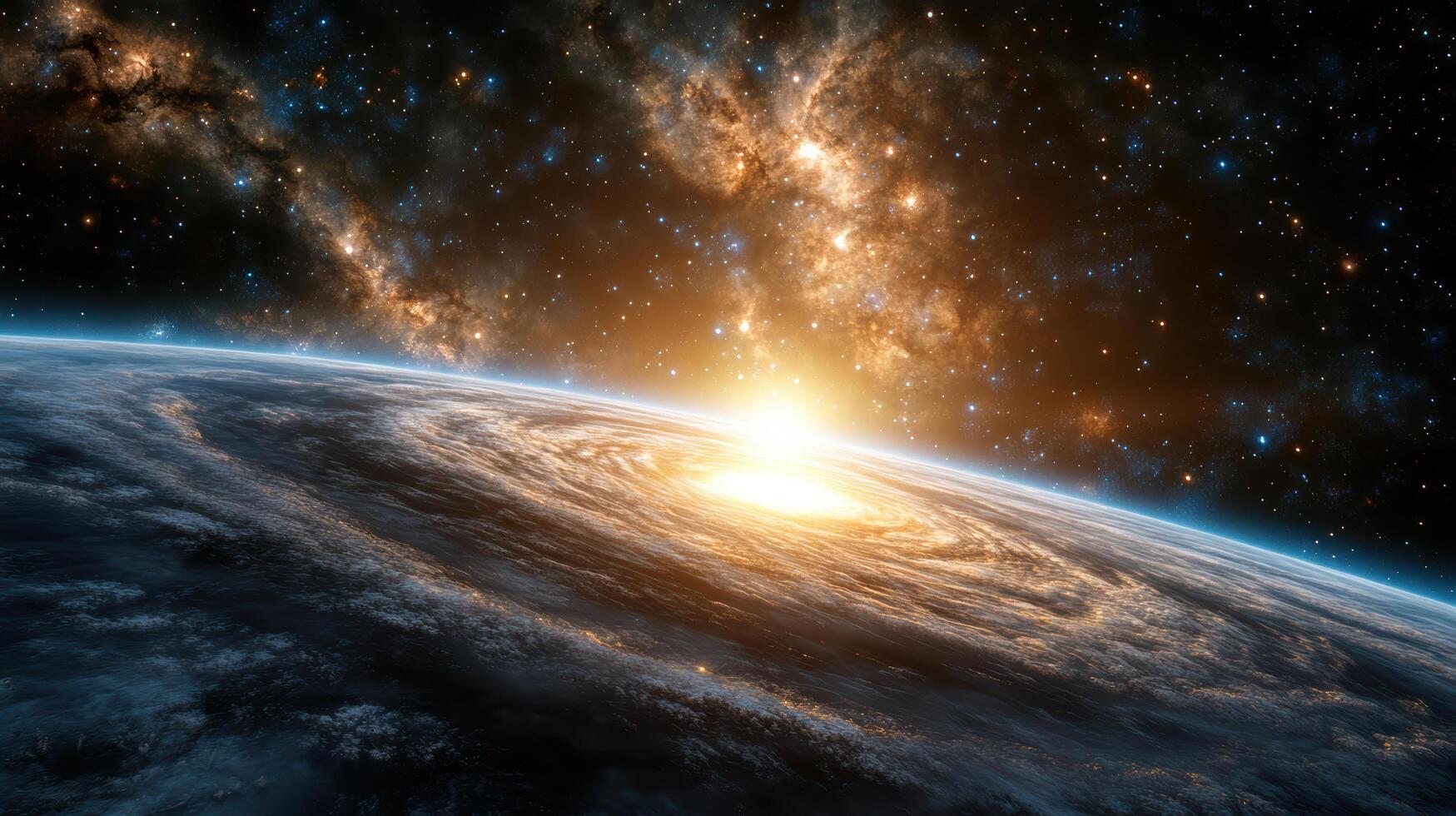 stunning view of galaxy with bright sun rising over swirling planet photo