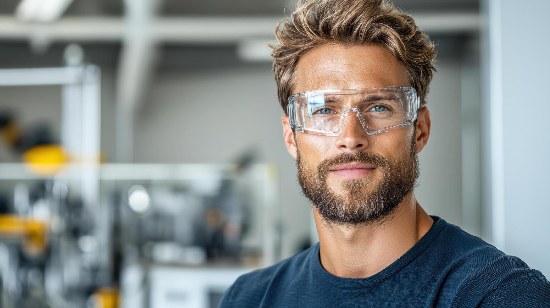 confident man wearing safety glasses in laboratory setting photo