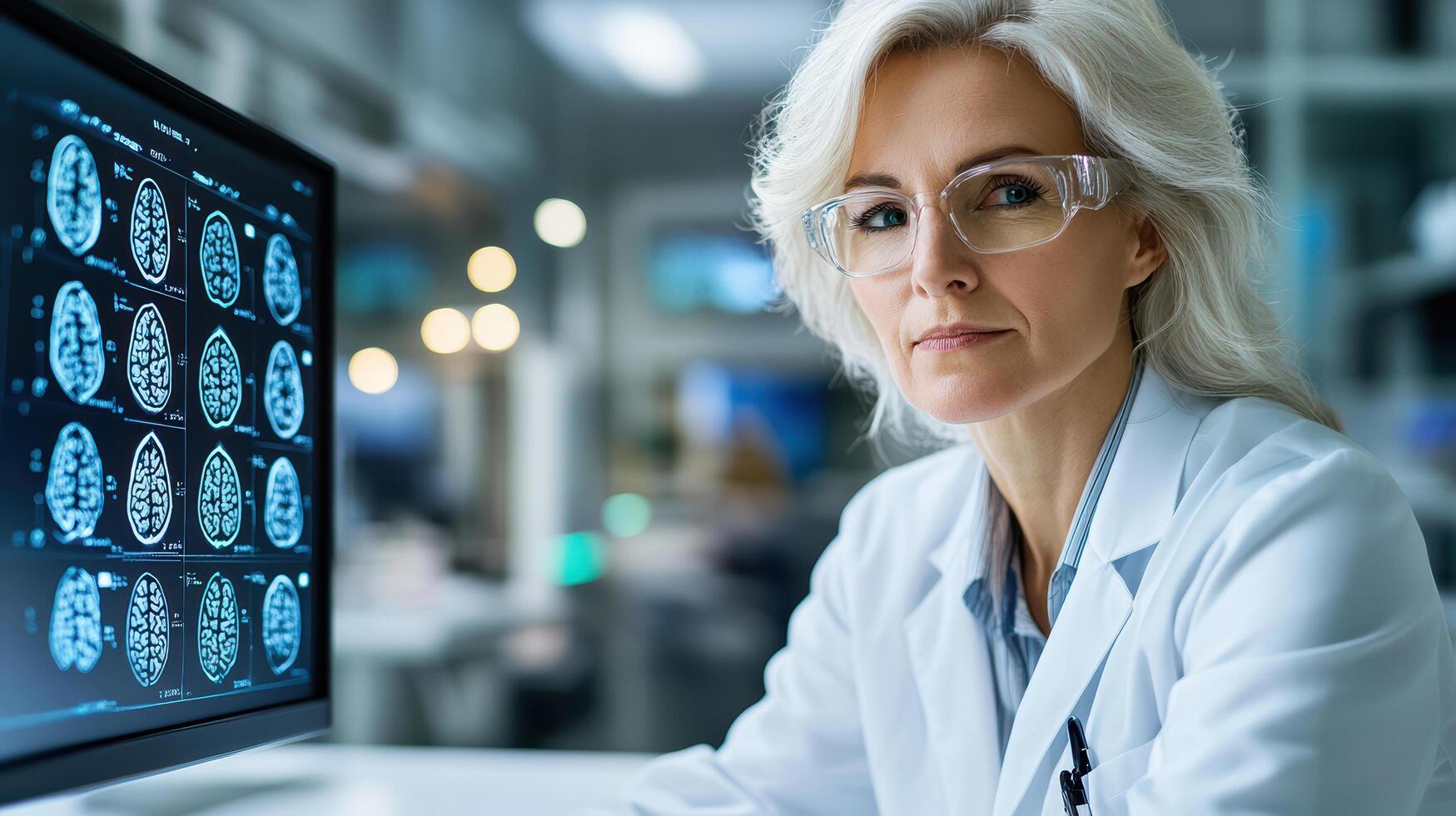 scientist in neuroscience lab analyzing brain scans with focus photo