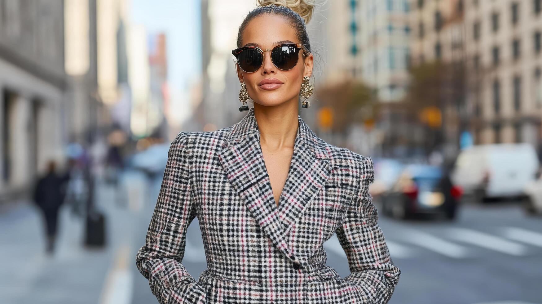 Stylish woman in checkered blazer and sunglasses walking in city photo