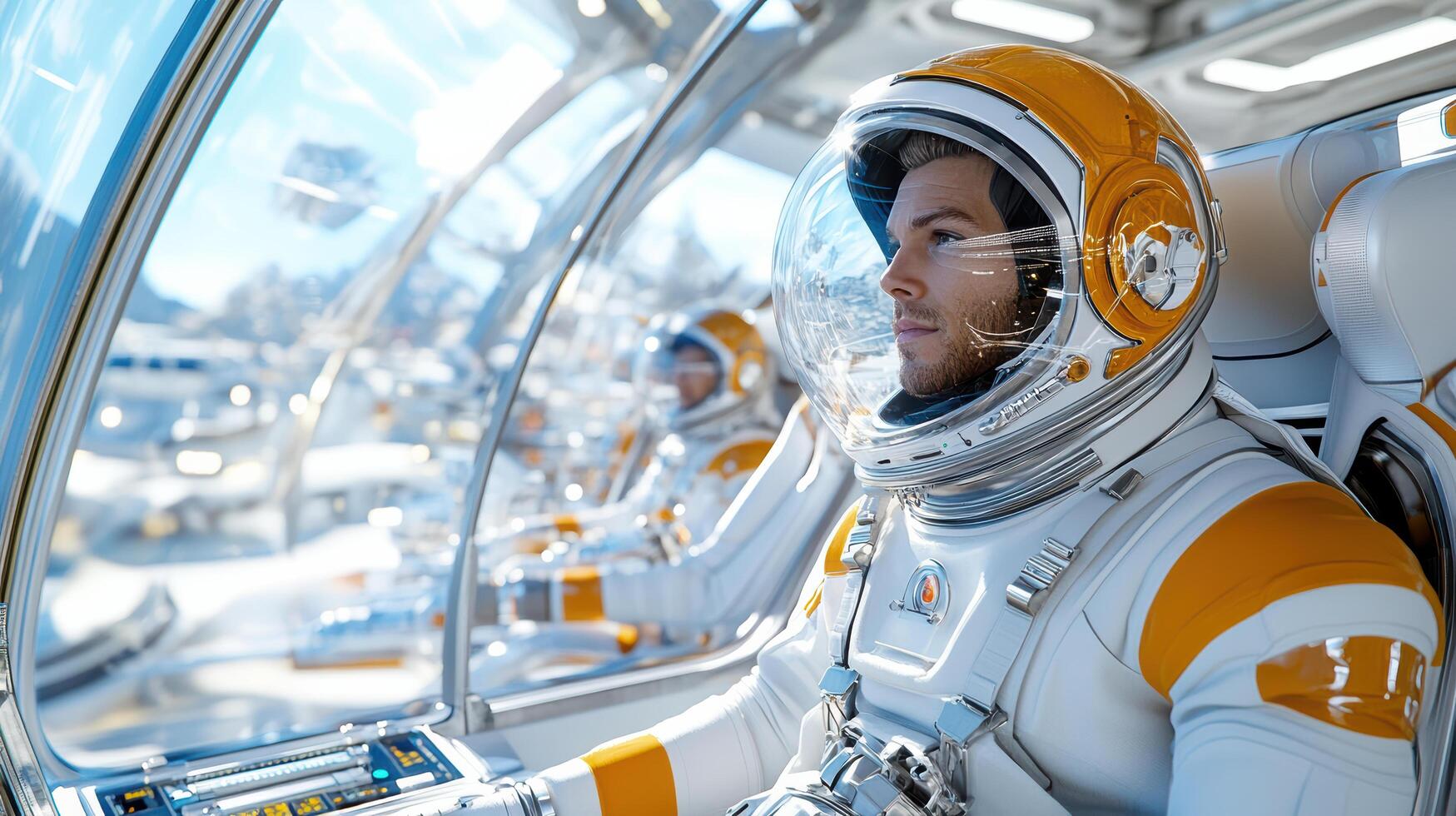 Astronauts inside futuristic spaceship, exploring new worlds with excitement photo