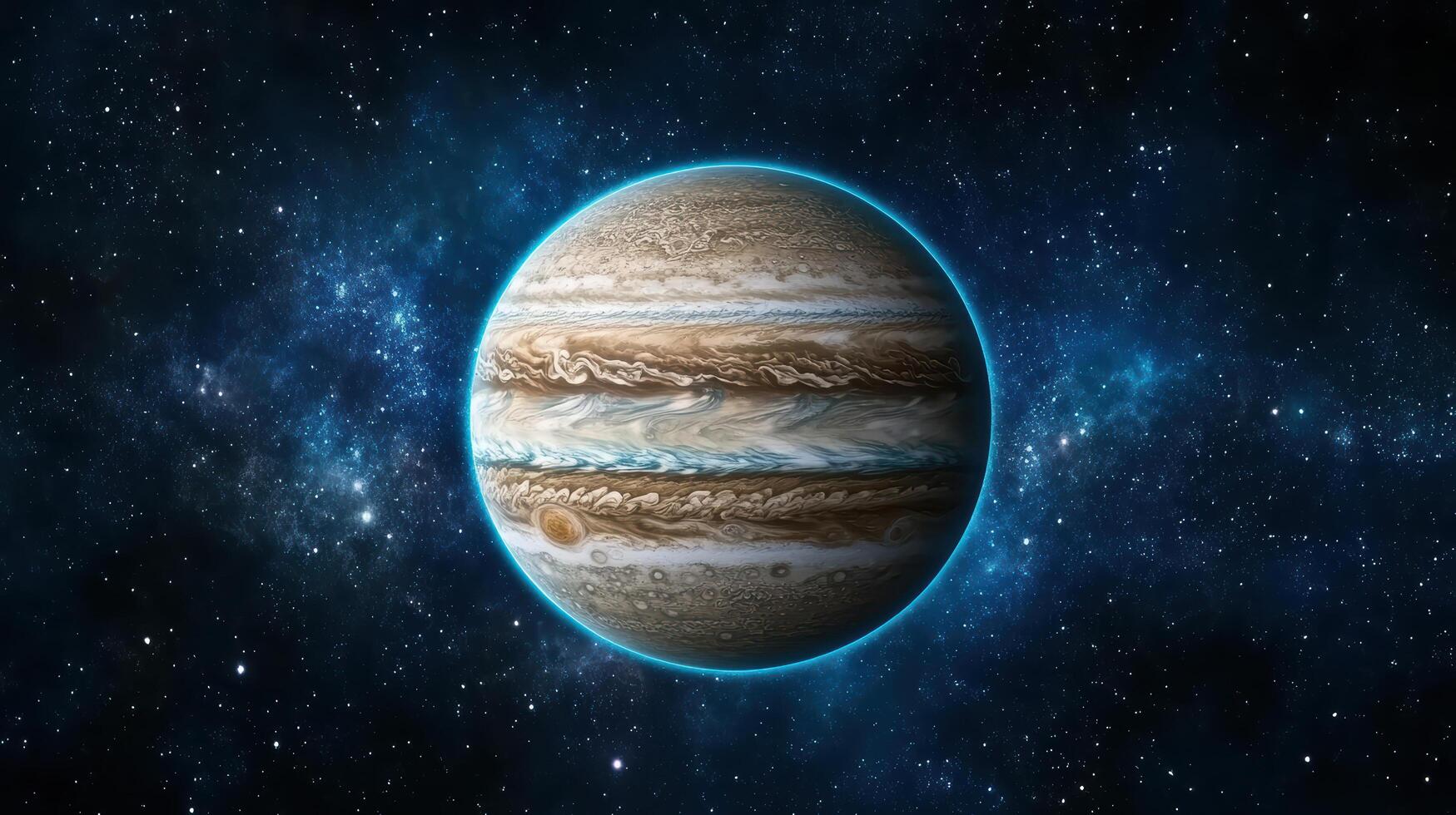 glowing giant planet resembling Jupiter in starry space background photo