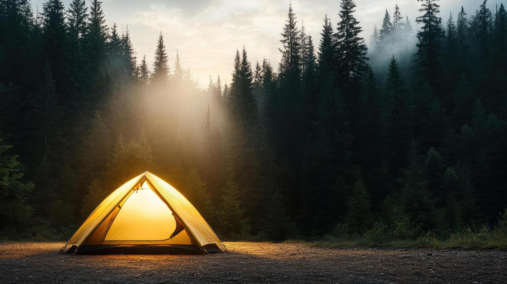glowing tent nestled in misty forest, creating serene atmosphere photo