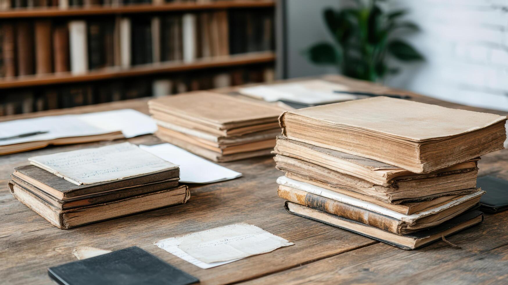 Ancient manuscripts and books stacked on wooden desk in study photo